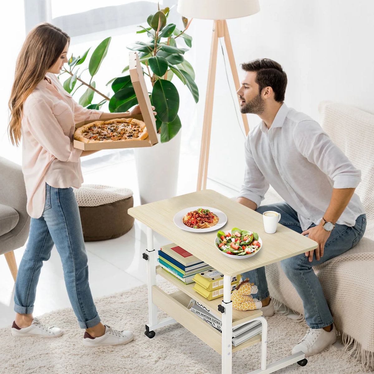 Beige 3-Tier Mobile Laptop Desk with Rolling Wheels K647