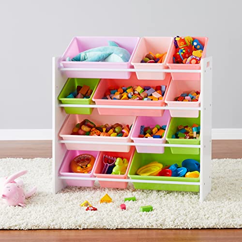 White Wood Kids Toy Storage Organizer with 12 Plastic Pink Bins H3470