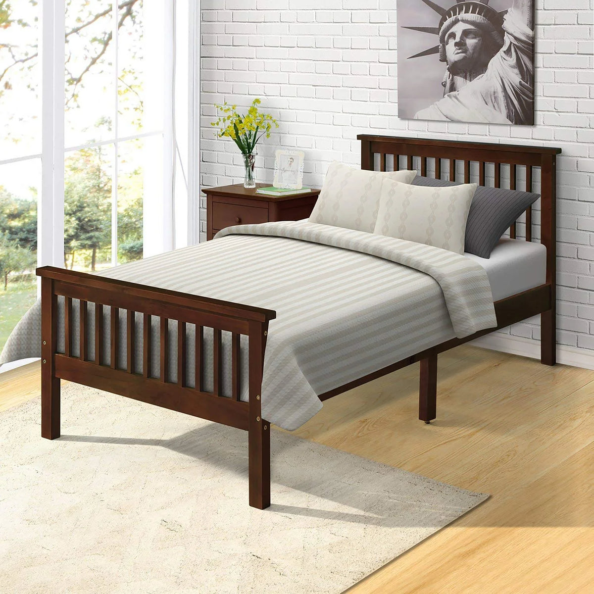 Twin Wood Platform Bed Frame with Headboard and Footboard D988