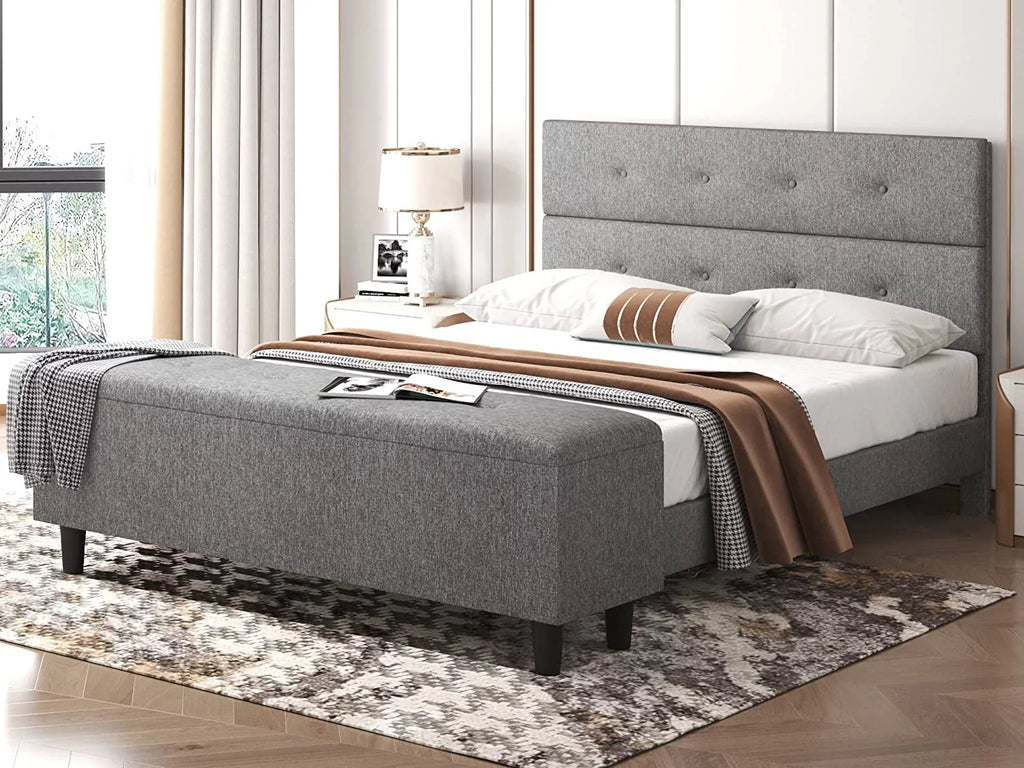 Gray Queen Platform Bed Frame with Storage Ottoman Bench & Headboard R457178