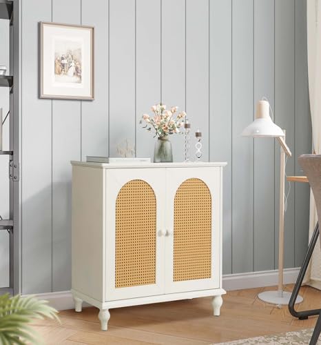 White Rattan Storage Cabinet with Adjustable Shelves H801903