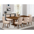 8 Pc Linen Fabric Tan Dining Set with Antique Walnut Wood Table P427183