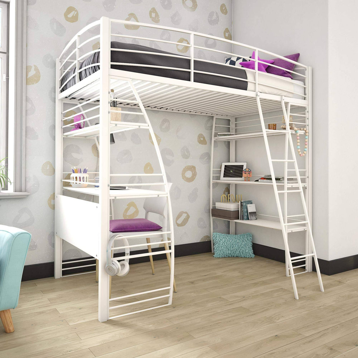 Twin Loft Bed with Integrated Desk and Shelves, White R7952