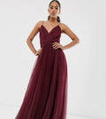 Tall Cami Pleated Tulle Maxi Dress in oxblood-Red W37738
