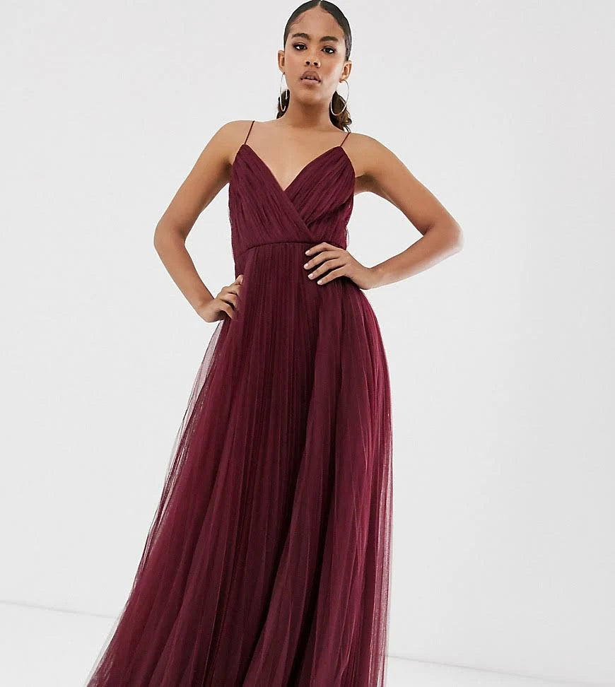 Tall Cami Pleated Tulle Maxi Dress in oxblood-Red W37738