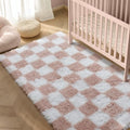 Beige and White Checkered Shag Rug 8x10 S33412