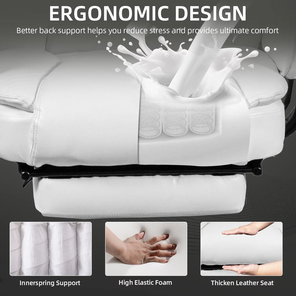 White Ergonomic PU Leather Reclining Office Chair with Footrest B4469