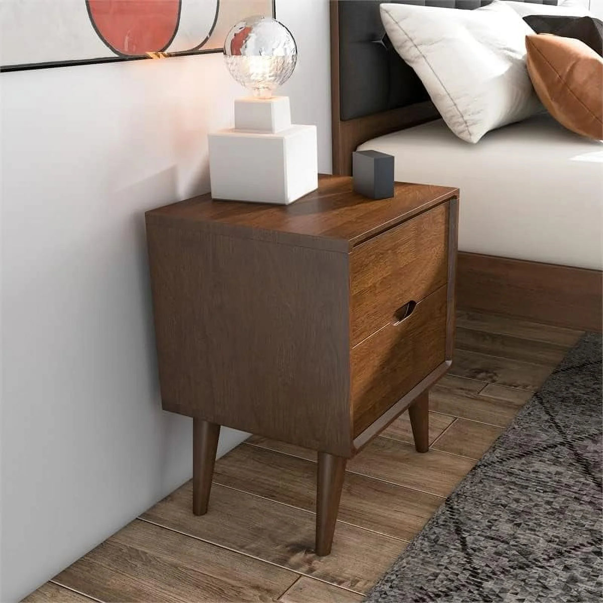 Walnut Brown 2-Drawer Solid Wood Nightstand F509