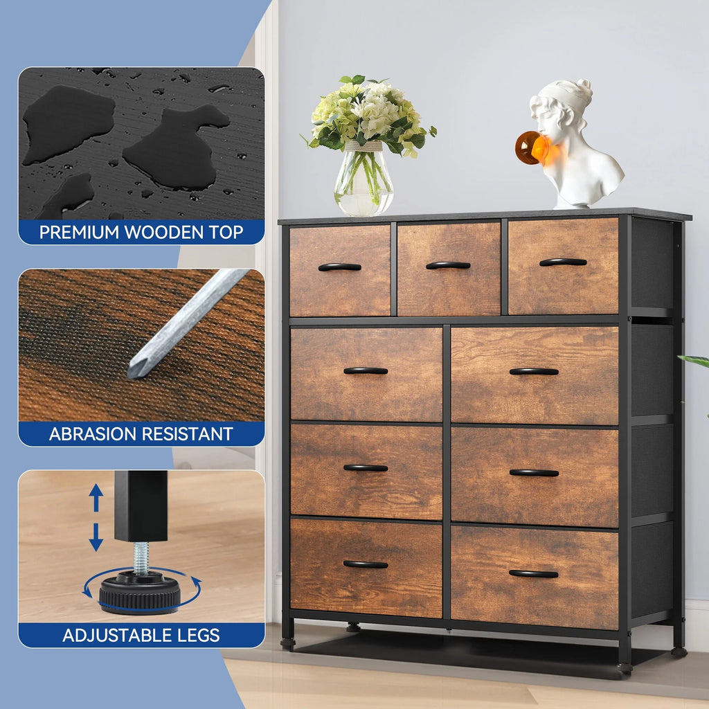 Rustic Wood-grain 9-drawer Dresser with Metal Frame B74810