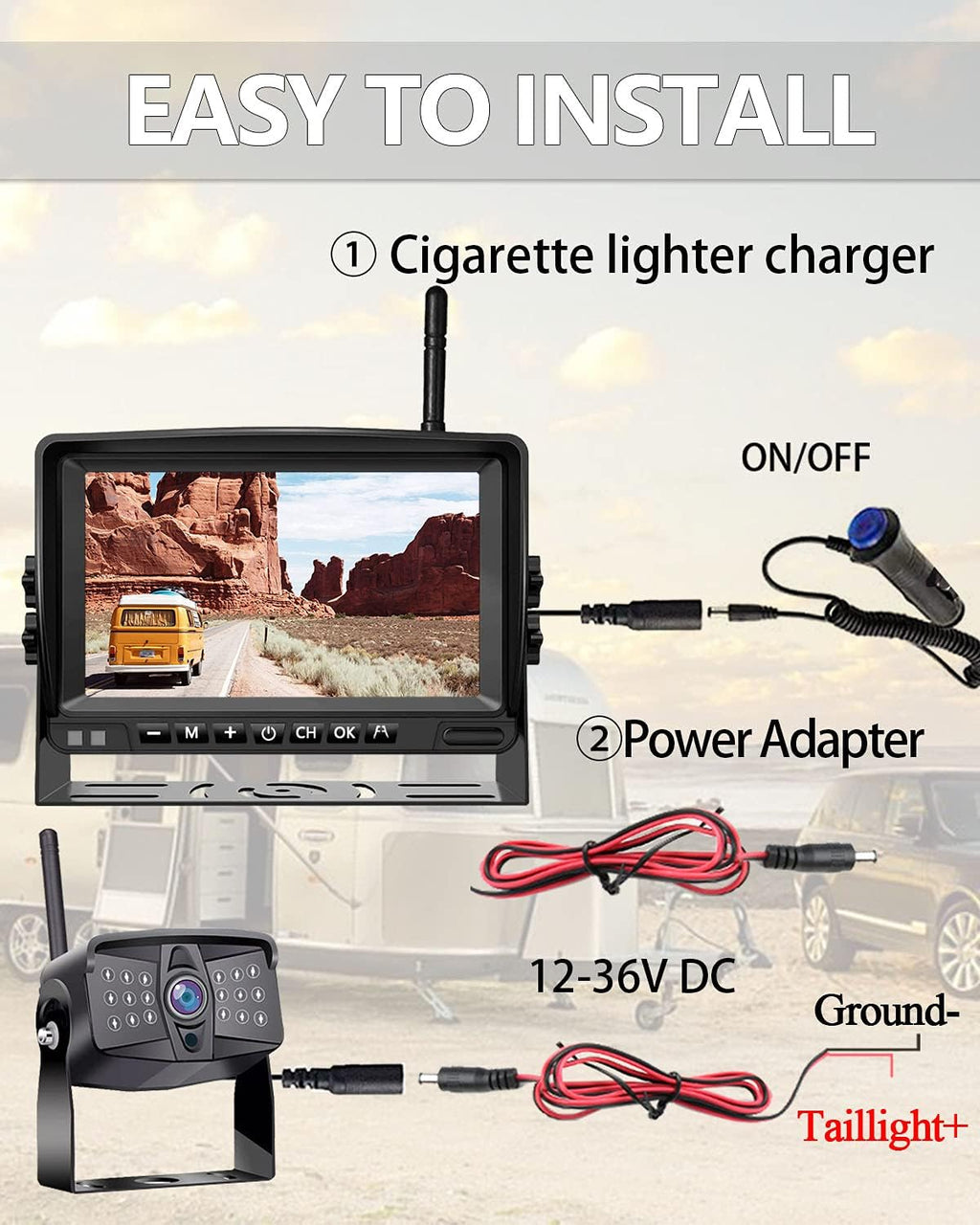 Wireless 1080P RV Backup Camera with 7'' DVR 4 Split Screen Monitor Y474067