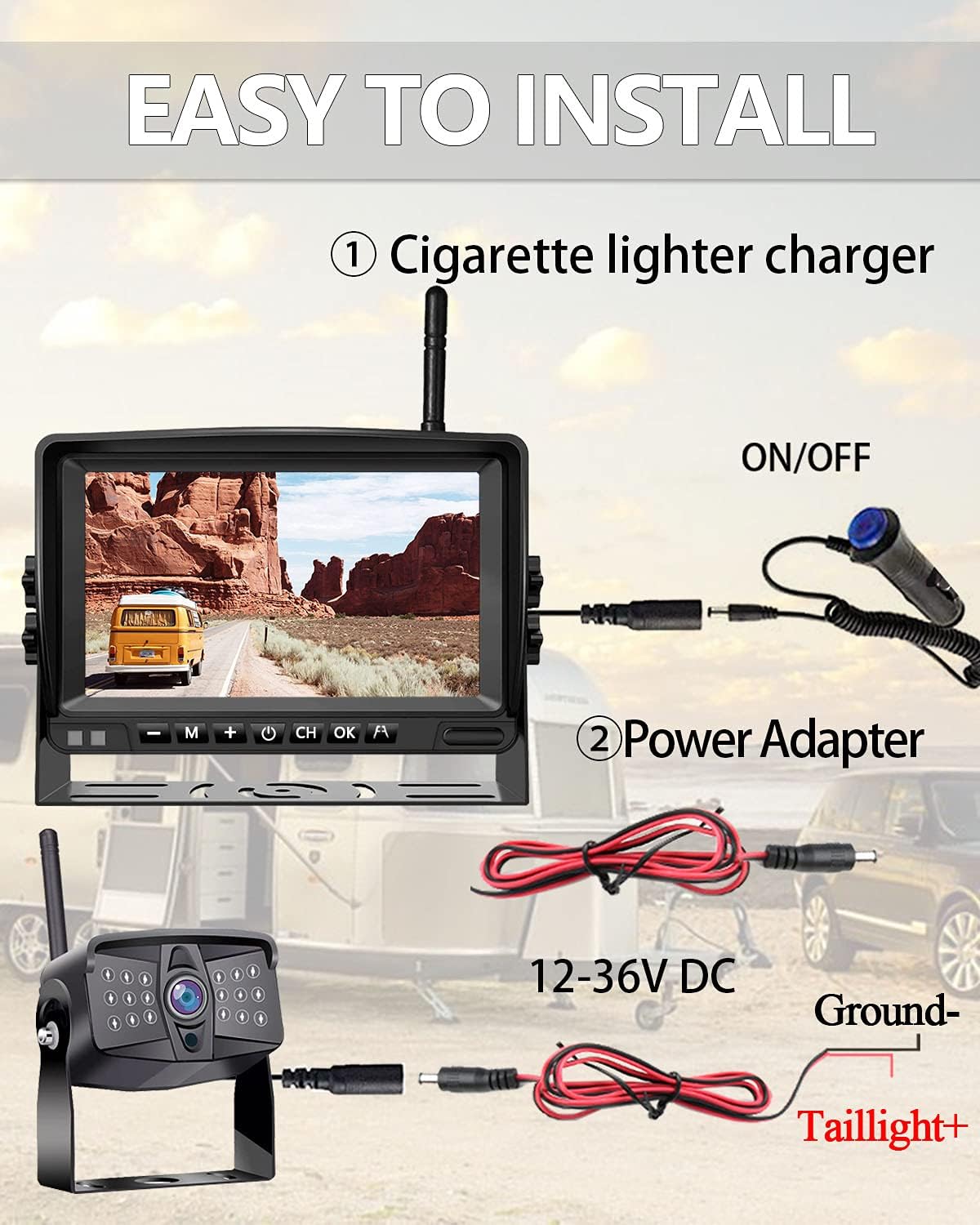 Wireless 1080P RV Backup Camera with 7'' DVR 4 Split Screen Monitor Y474067