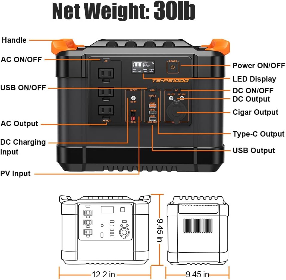 1100Wh 1000W Portable Power Station with 3 AC Outlets and 3 USB Ports U198