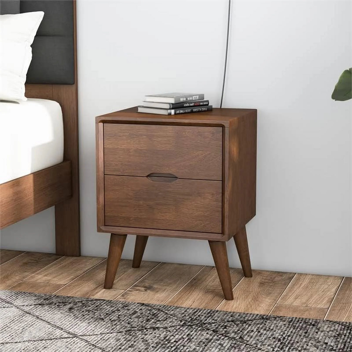 Walnut Brown 2-Drawer Solid Wood Nightstand F509