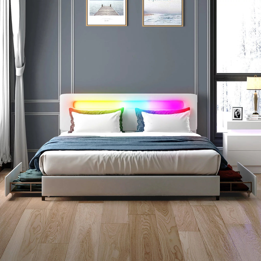 King Bed Frame with 4 Storage Drawers, Adjustable Headboard, White U108