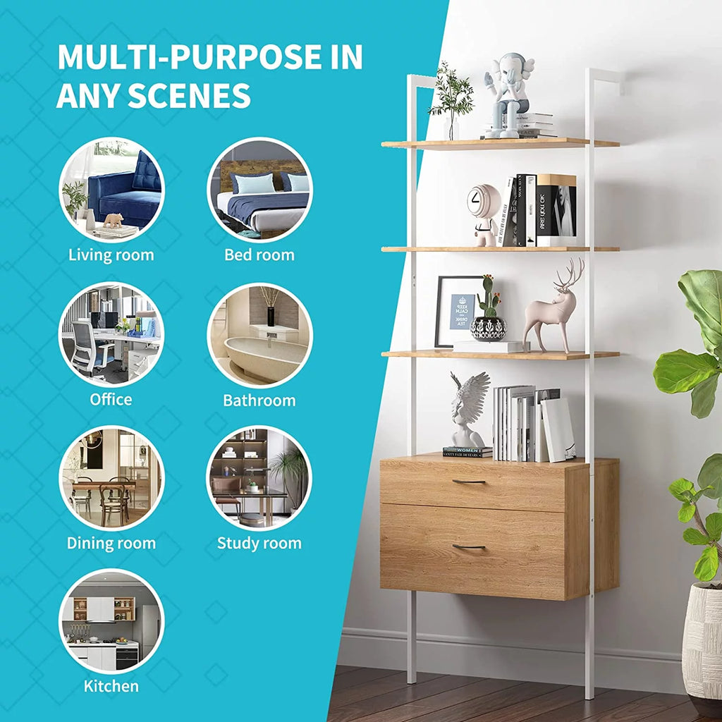 Wood Bookshelf with Drawers and Steel Frame M79841