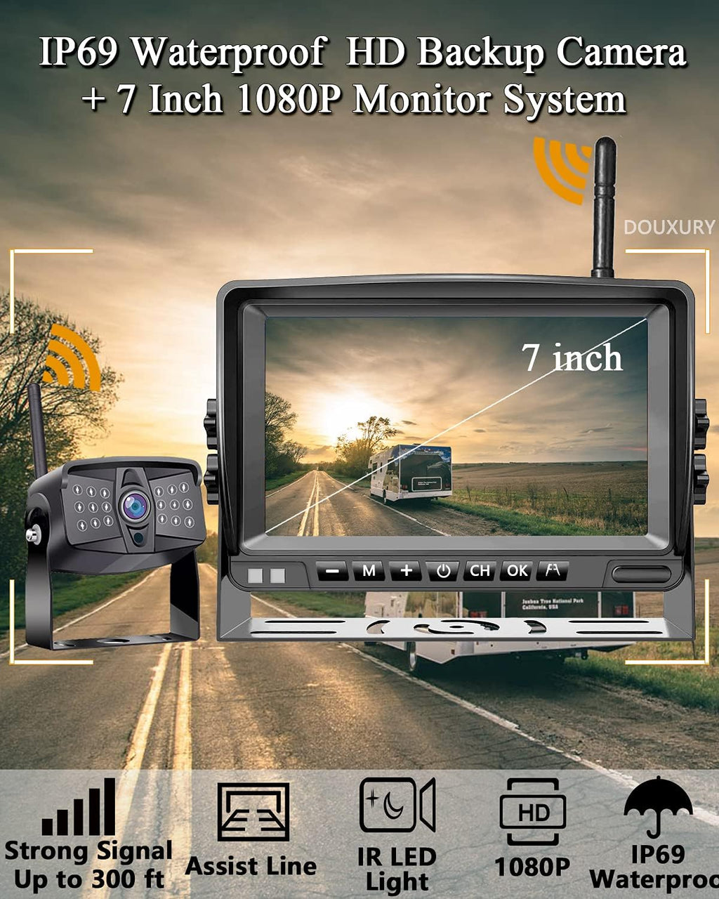 Wireless 1080P RV Backup Camera with 7'' DVR 4 Split Screen Monitor Y474067