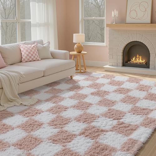 Beige and White Checkered Shag Rug 8x10 S33412