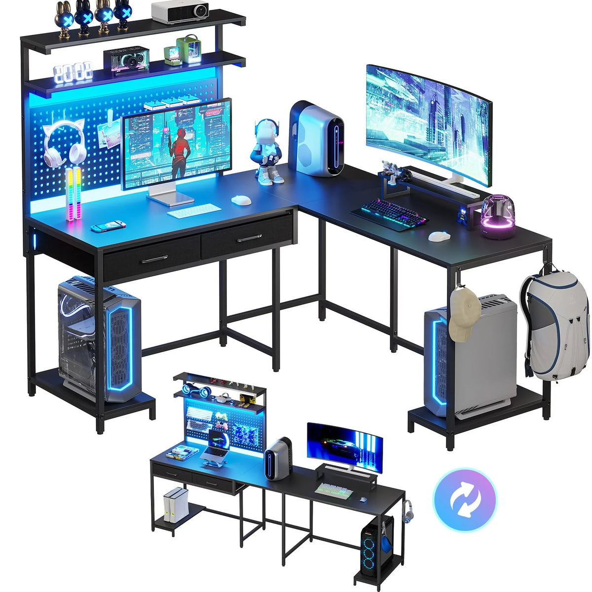 Black L Shaped Desk with LED Lights and Storage Shelves G476
