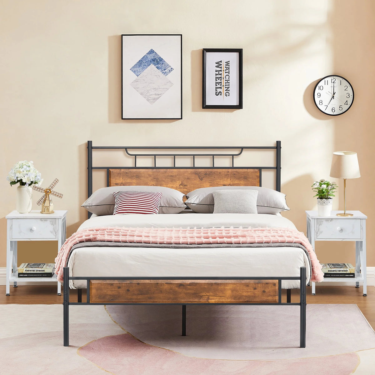 3-Piece Bedroom Set with Full Size Platform Bed Frame and 1-Drawer White Nightstand I45506