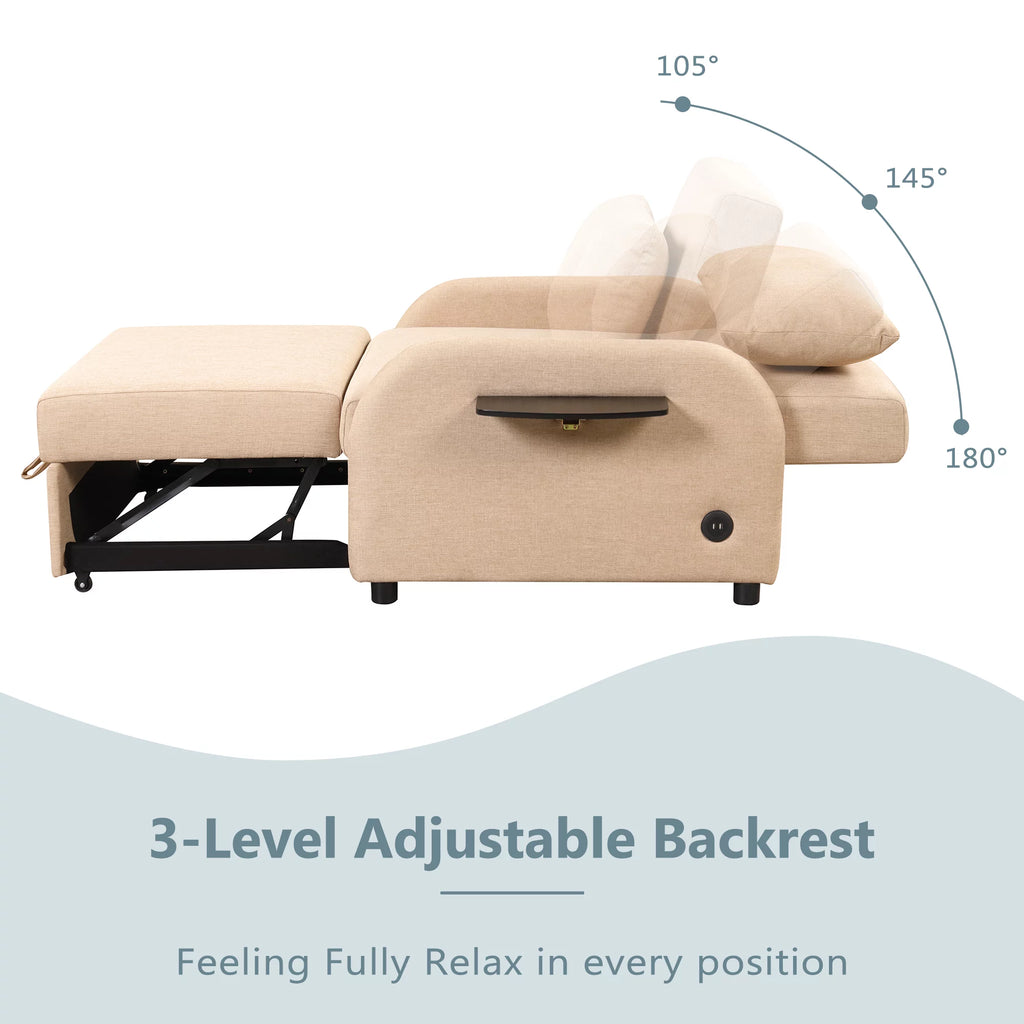 Beige 3 in 1 Pull Out Sofa Sleeper with 2 Wing Table and USB Charge F4617