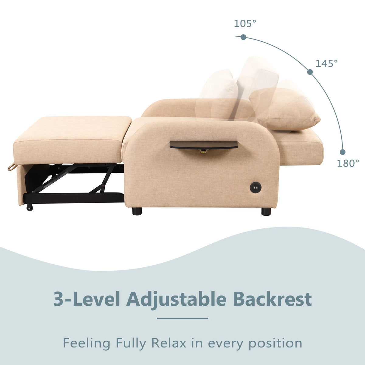 Beige 3 in 1 Pull Out Sofa Sleeper with 2 Wing Table and USB Charge F4617