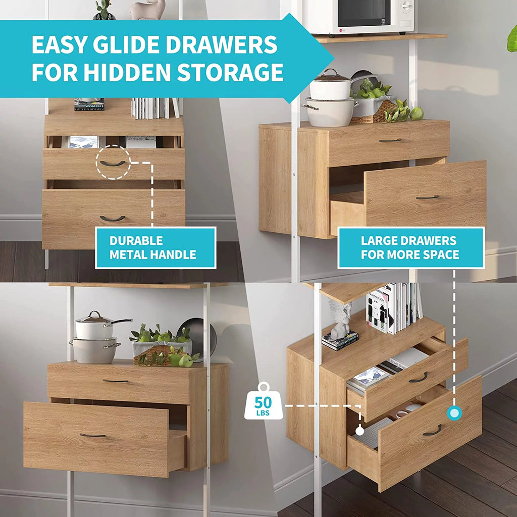 Wood Bookshelf with Drawers and Steel Frame M79841