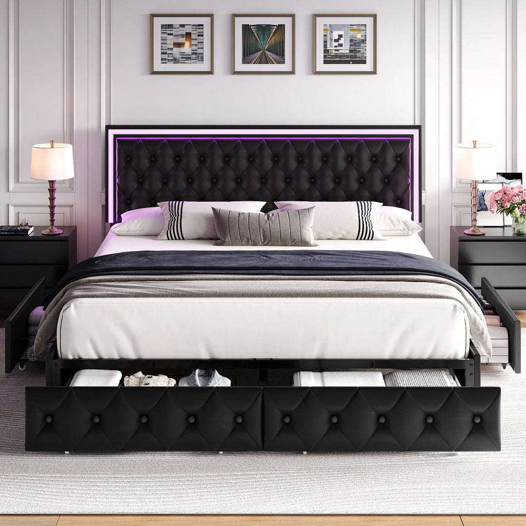 Queen LED Platform Bed Frame with 4 Storage Drawers Q190731