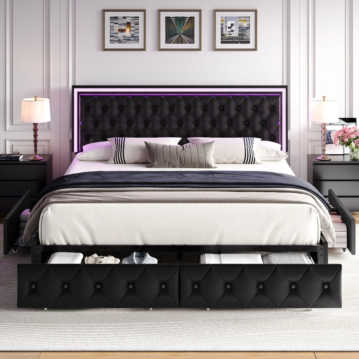 Queen LED Platform Bed Frame with 4 Storage Drawers Q190731