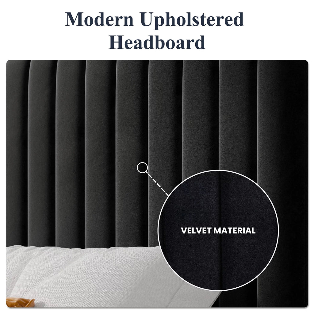 Queen Size Black Velvet Upholstered Platform Bed Frame W57887