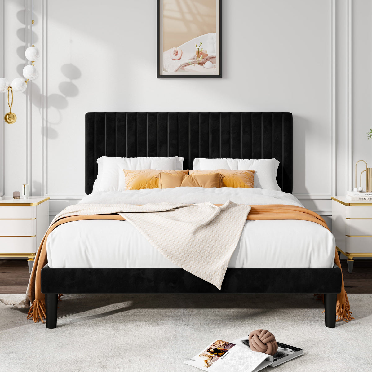 Queen Size Black Velvet Upholstered Platform Bed Frame W57887