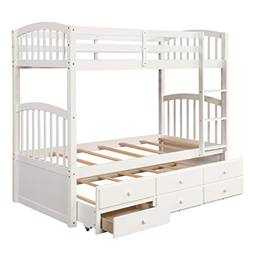 White Twin Bunk Bed with Ladder, Safety Rail and Trundle F39568