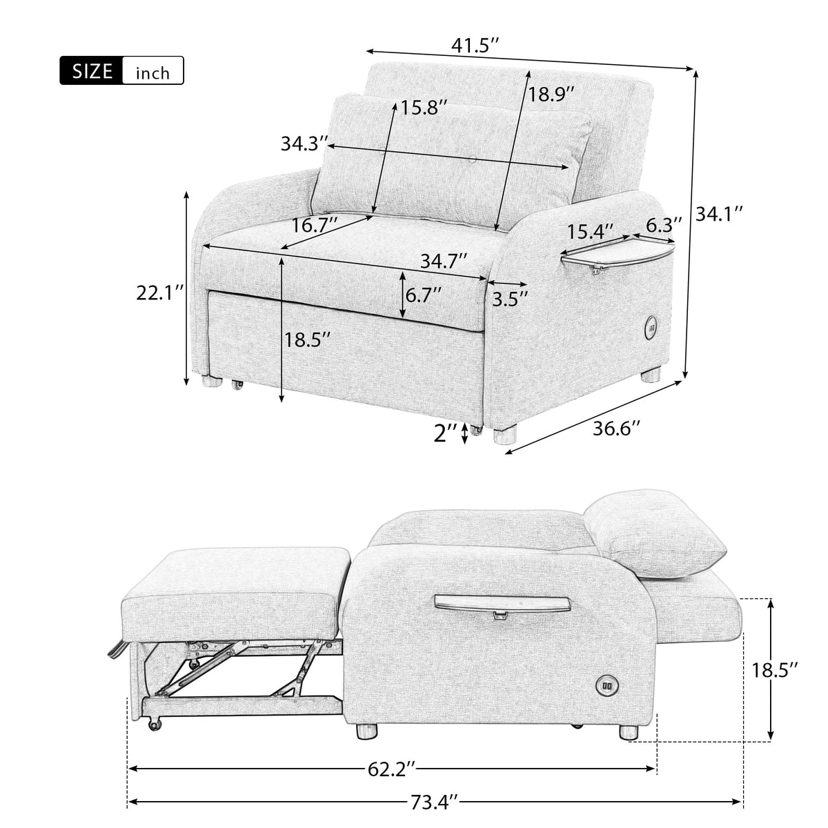 Beige 3 in 1 Pull Out Sofa Sleeper with 2 Wing Table and USB Charge F4617