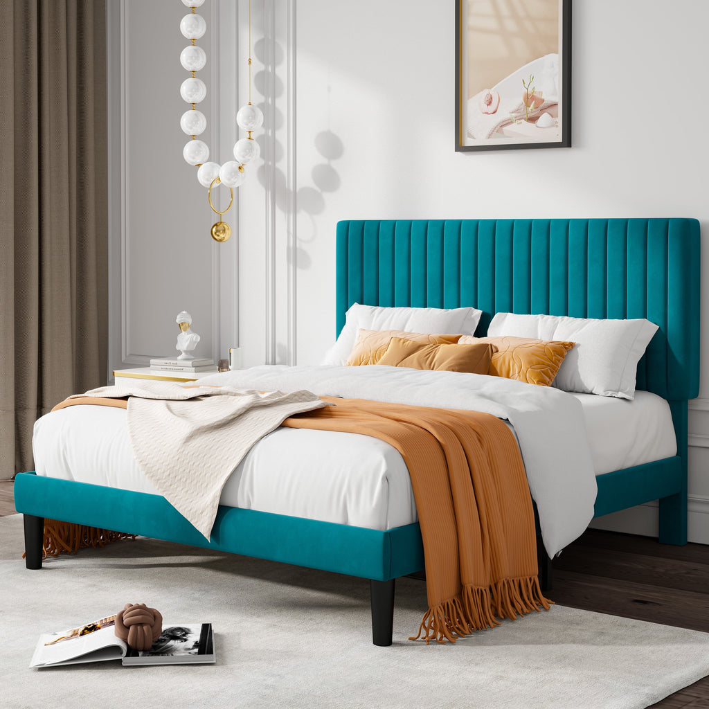 Queen Size Black Velvet Upholstered Platform Bed Frame W57887