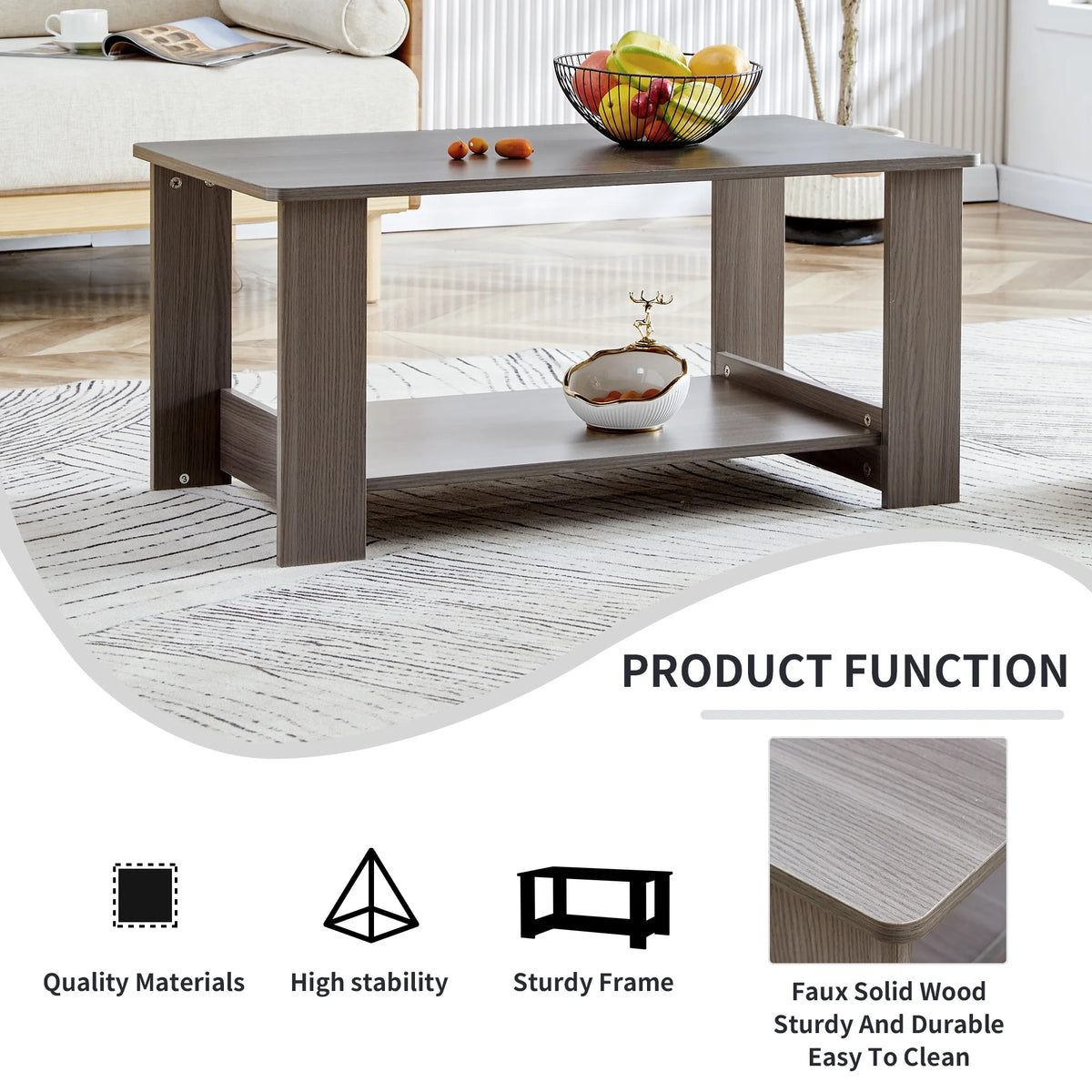Gray Wood Grain Double Layered Rectangular Coffee Table Q243