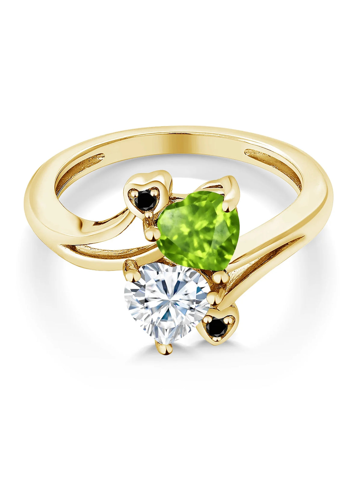 18K Yellow Gold Plated Silver Green Peridot White Moissanite and Black Diamond Ring (1.60 Cttw, Heart Shape 6MM) D87997