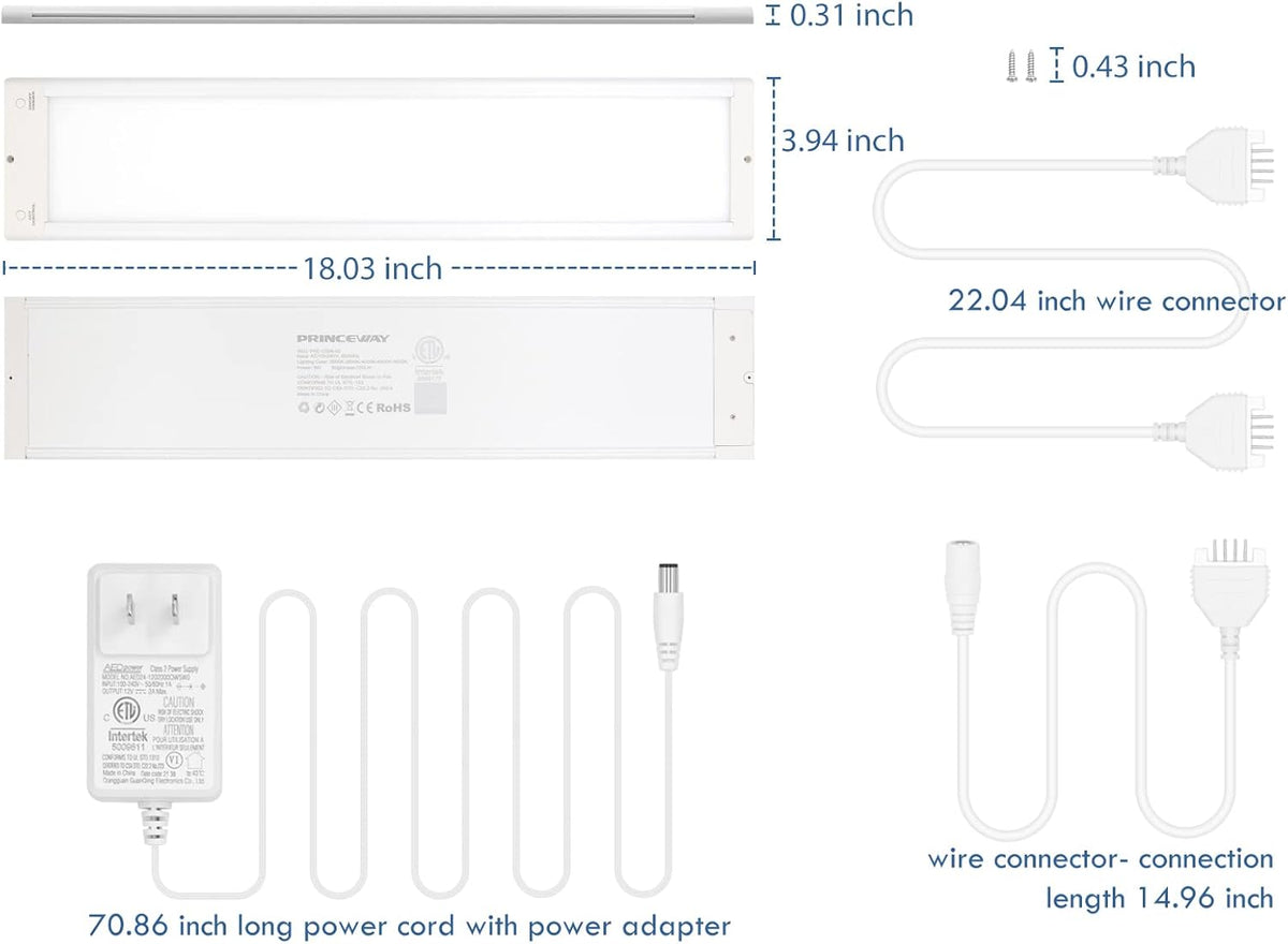 LED Under Cabinet Light, 18 Inch, 9W, 720lm, Dimmable, 5 Color Temperature, Pack of 2 D6366