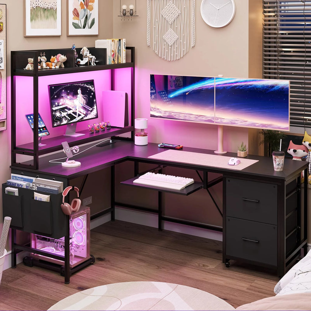 L Shaped Computer Desk with Power Outlet and LED Strip, Black S57414
