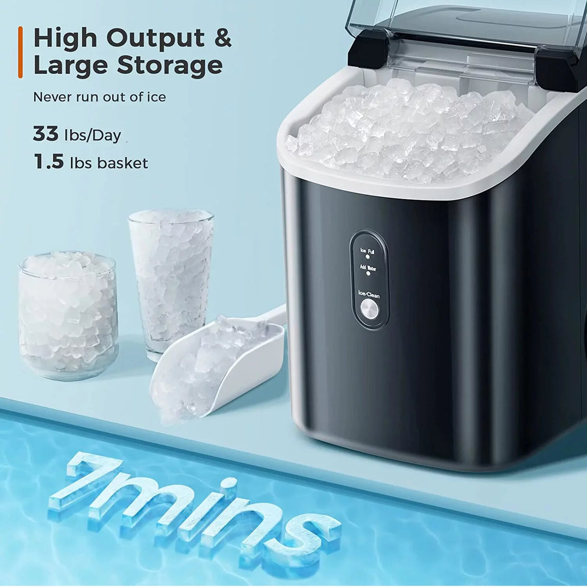 Nugget Ice Maker Countertop with Self-Cleaning Function, 33lbs/24H Chewable Ice, Black E1405