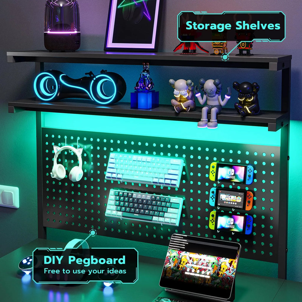 Black L Shaped Desk with LED Lights and Storage Shelves G476
