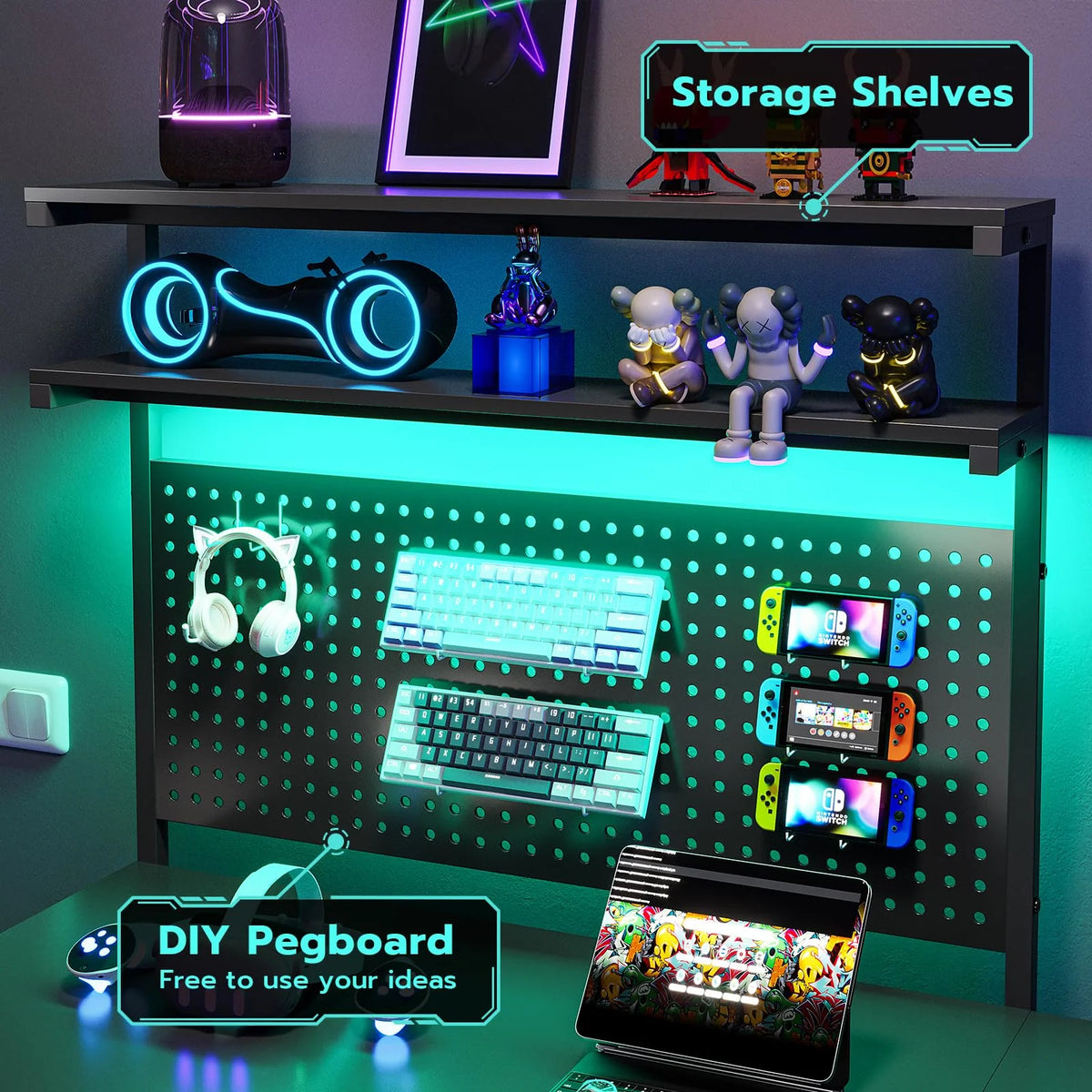 Black L Shaped Desk with LED Lights and Storage Shelves G476