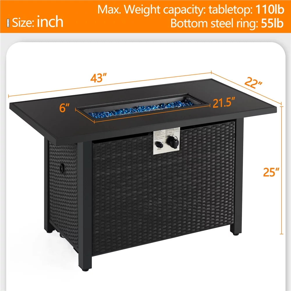 43 Outdoor Gas Fire Pit with Tempered Glass Tabletop, Black B1629