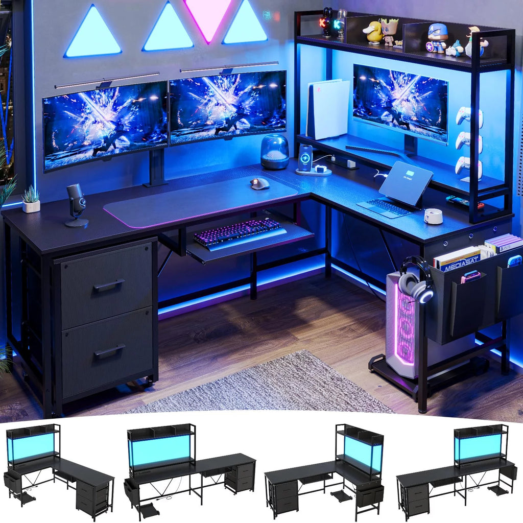 L Shaped Computer Desk with Power Outlet and LED Strip, Black S57414
