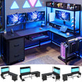 L Shaped Computer Desk with Power Outlet and LED Strip, Black S57414