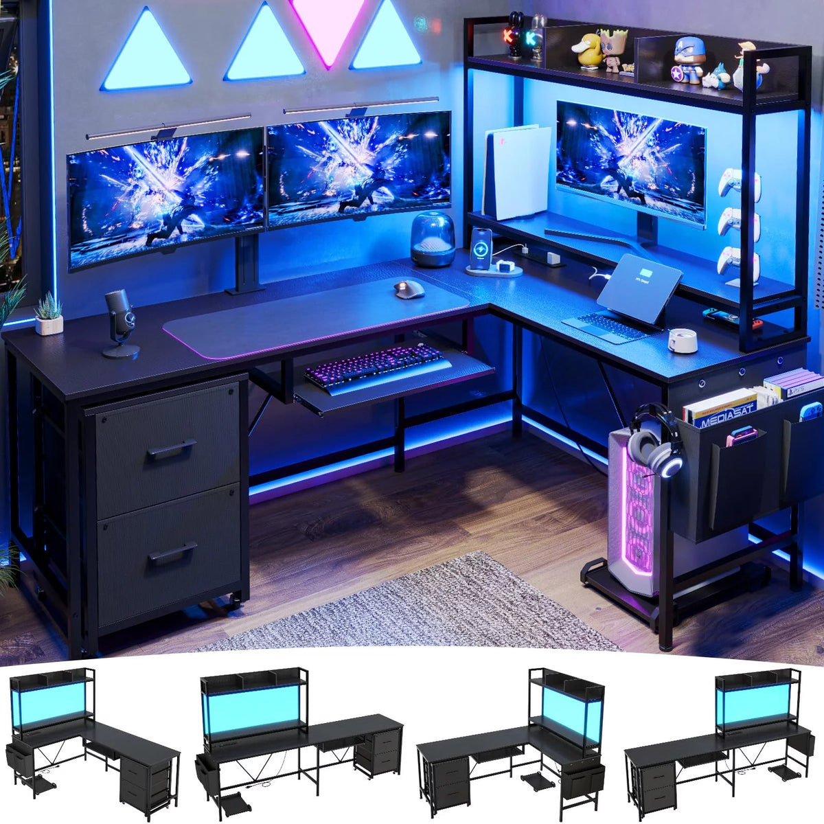 L Shaped Computer Desk with Power Outlet and LED Strip, Black S57414