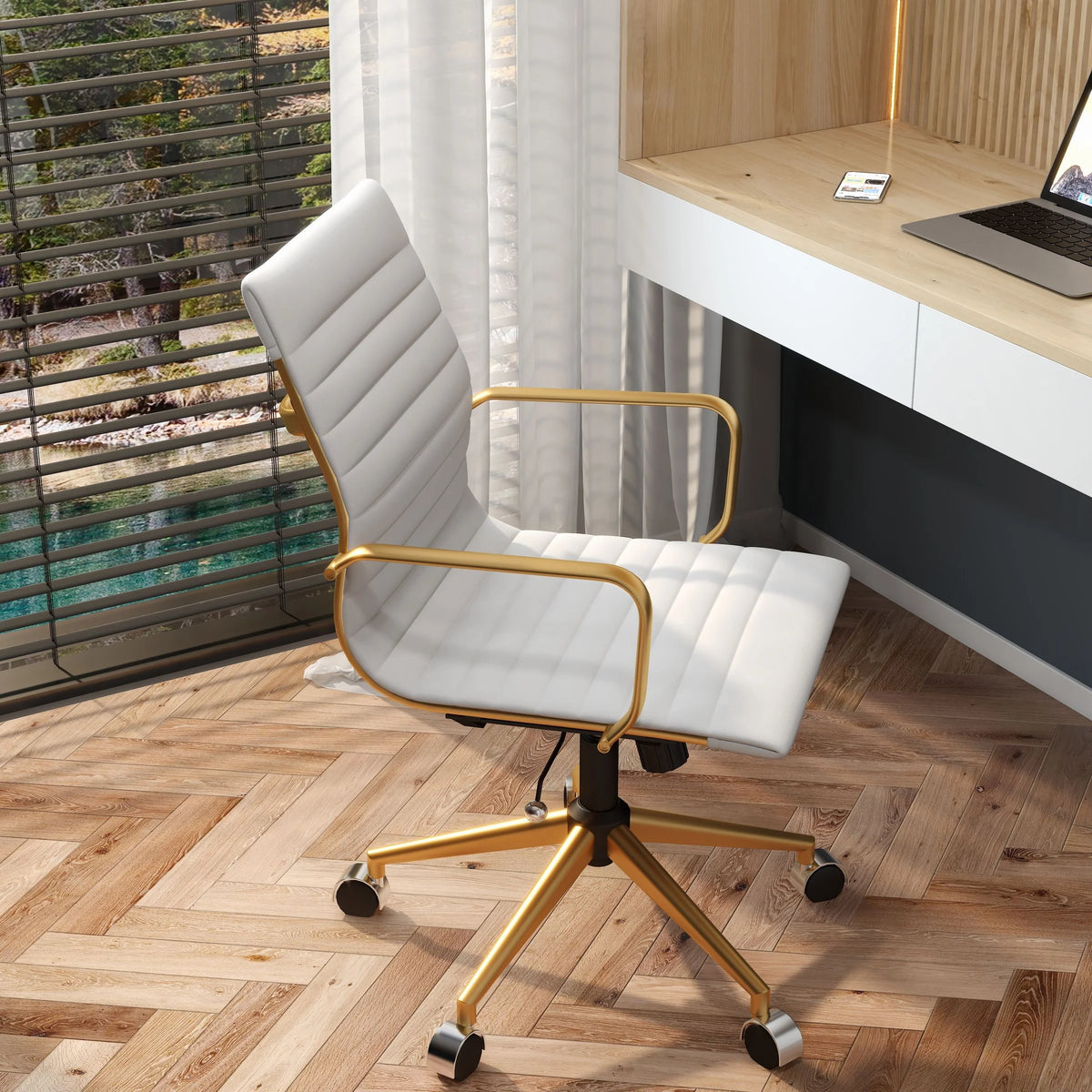 White Leather Adjustable Swivel Office Chair A3428