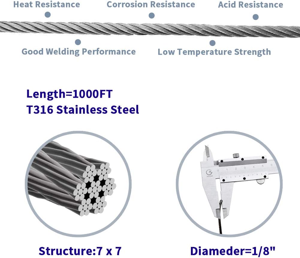 1/8 T316 Stainless Steel Cable 600FT Wire Rope 7 x 7 Strands X341