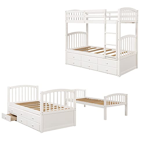 White Twin Bunk Bed with Ladder, Safety Rail and Trundle F39568