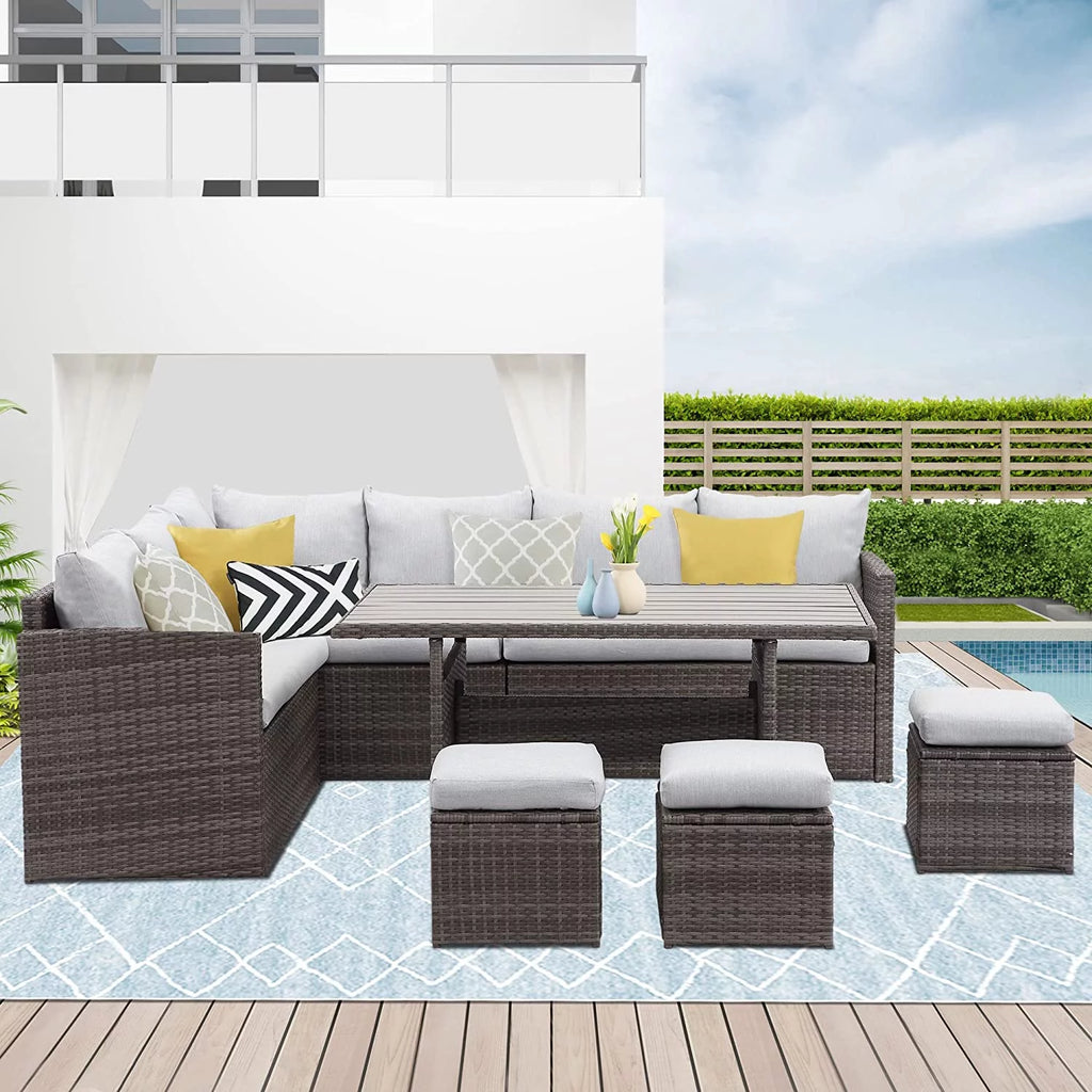 7 Piece All Weather Wicker Outdoor Sofa Set with Dining Table and Ottoman P796