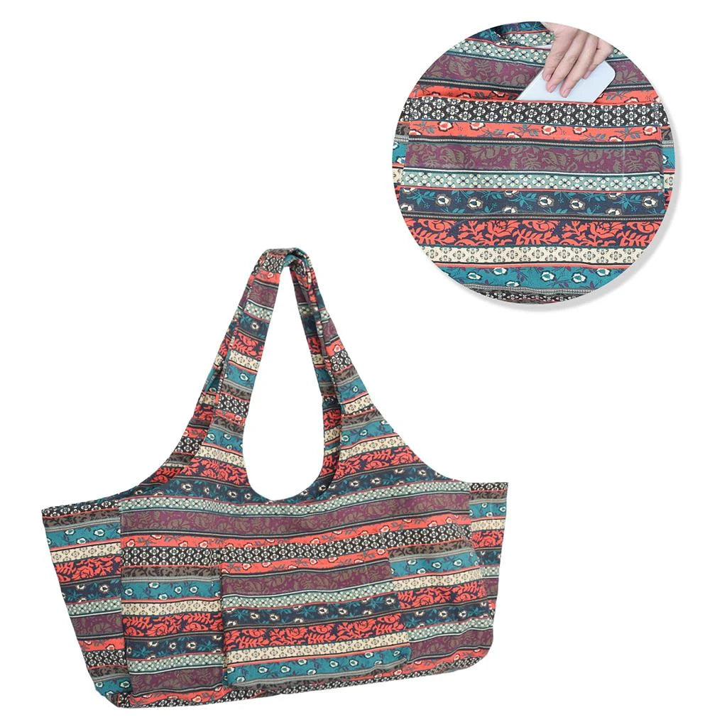 Patterned Canvas Yoga Mat Tote Bag Carrier with Side Pocket D532284