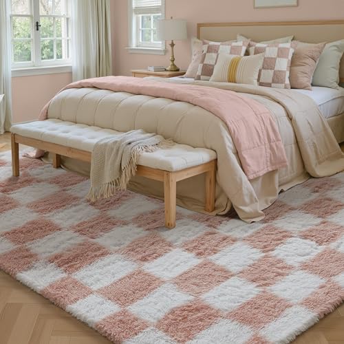 Beige and White Checkered Shag Rug 8x10 S33412
